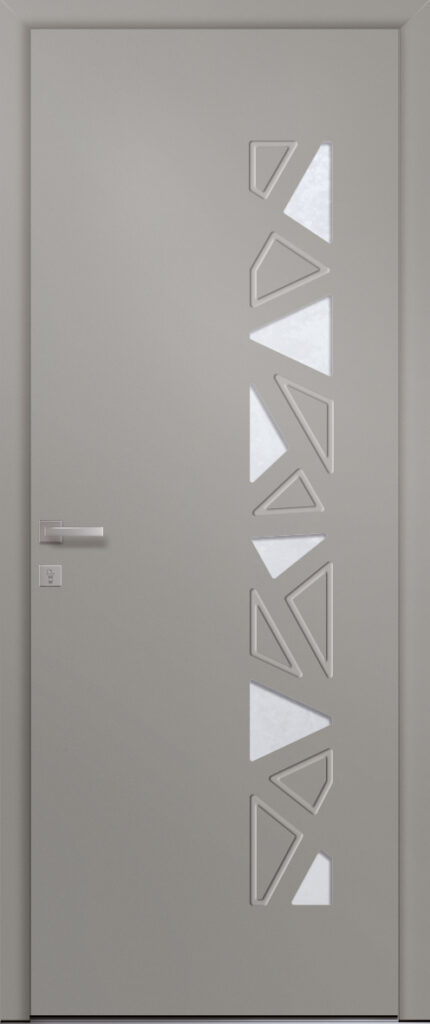 Porte d’entrée vitrée moderne PYRITE 6 en aluminium poignée DALLAS coloris RAL 7030 Finitions mat gamme PASSAGE