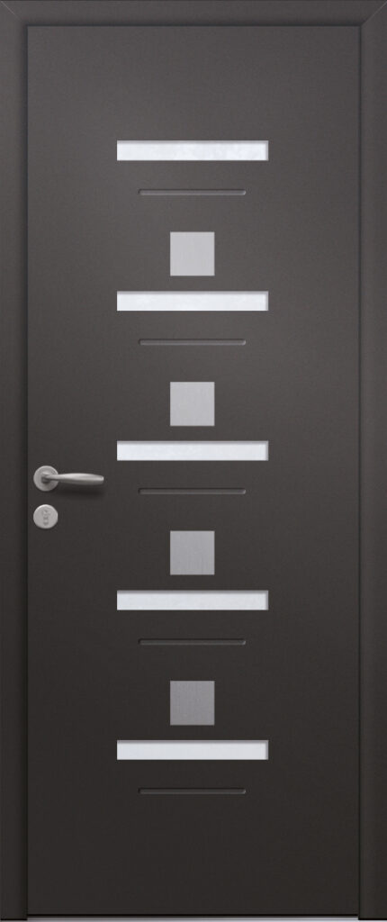 Porte d’entrée vitrée moderne en aluminium RESEDA 5 poignée New York coloris RAL noir 2100 Finitions sablé gamme PASSAGE pièces décoratives en aluminium