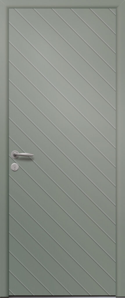 Porte d’entrée moderne en aluminium SAFRAN poignée New York coloris RAL 7033 Finitions mat gamme PASSAGE