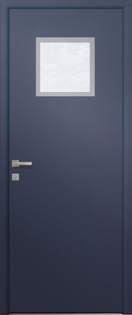 Porte d’entrée vitrée moderne en aluminium SALTA 1 poignée New York coloris RAL bleu 2700 Finitions sablé gamme PASSAGE pièce décorative en aluminium