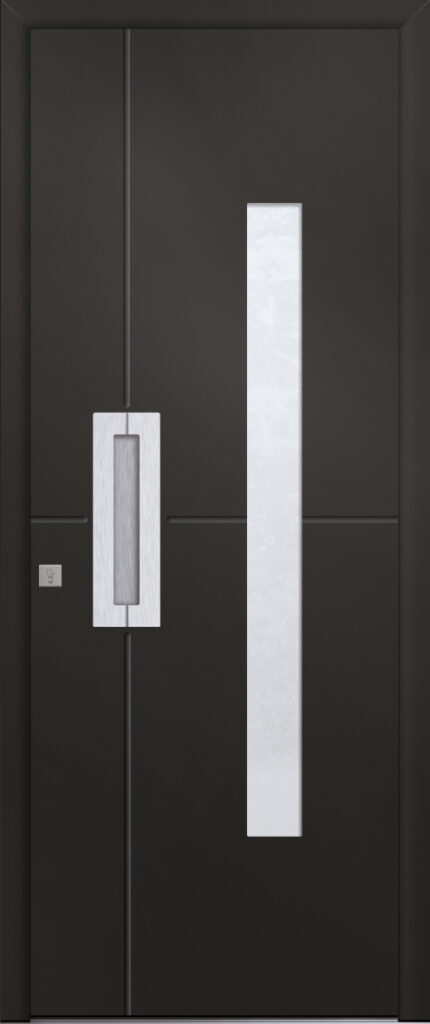 Porte d’entrée moderne vitrée en aluminium SCHISTE 1 poignée design intégrée en inox coloris RAL noir 9005 Finitions granité gamme PASSAGE