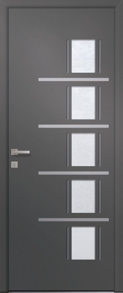Porte d’entrée vitrée moderne SELENE 5 en aluminium poignée DALLAS coloris RAL 7012 Finitions mat gamme PASSAGE pièces décoratives