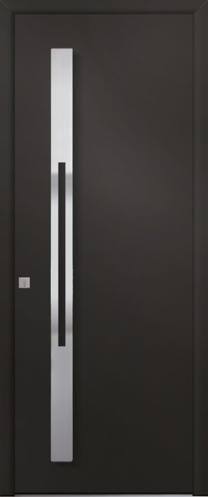 Porte d’entrée moderne en aluminium SILEX poignée design barre de tirage en inox coloris RAL noir 9005 Finitions granité gamme PASSAGE