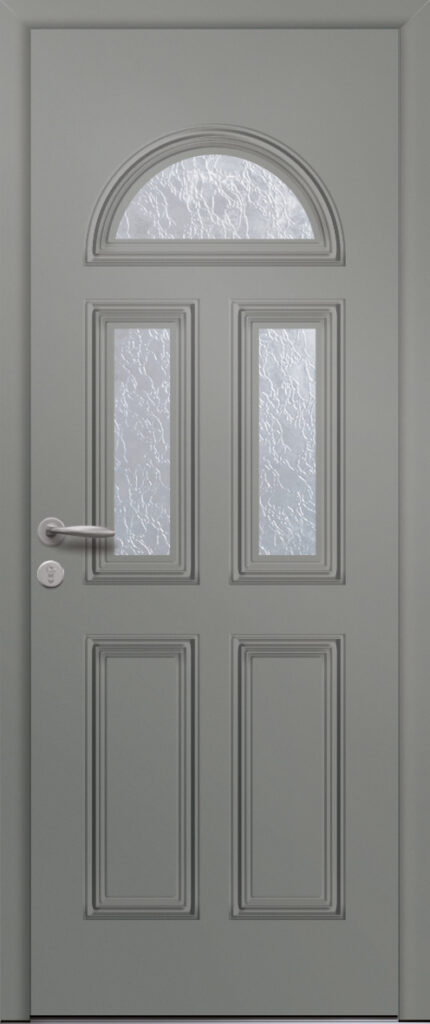 Porte d’entrée traditionnelle vitrée en aluminium et moulures embouties SIRIUS 3 poignée NEW YORK coloris RAL 7023 finitions mat gamme PASSAGE
