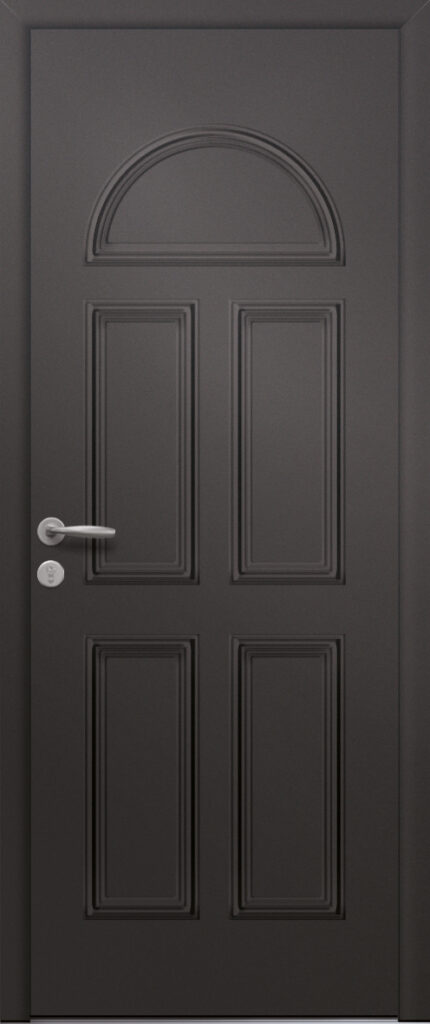 Porte d’entrée traditionnelle en aluminium et moulures embouties SIRIUS poignée NEW YORK coloris noir 2100 sablé finitions granité gamme PASSAGE
