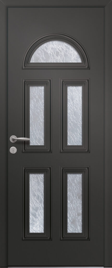 Porte d’entrée traditionnelle vitrée en aluminium et moulures embouties SIRIUS 5 poignée NEW YORK coloris RAL 7016 finitions granité gamme PASSAGE