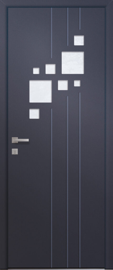 Porte d’entrée vitrée moderne SODALITE 8 en aluminium poignée DALLAS coloris RAL bleu canon Finitions mat gamme PASSAGE