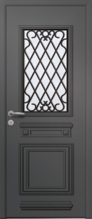 Porte d’entrée vitrée traditionnelle SPENCER 1 en aluminium avec moulures rapportées et grille décorative ALVA poignée VERONA coloris RAL 7012 finitions mat gamme PASSAGE