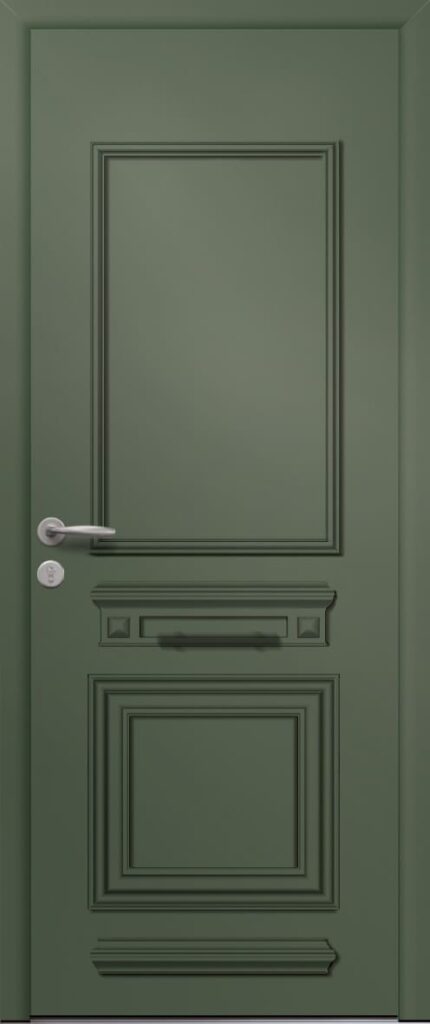 Porte d’entrée traditionnelle SPENCER en aluminium poignée NEW YORK coloris RAL 6021 vert pâle finitions sablé gamme PASSAGE