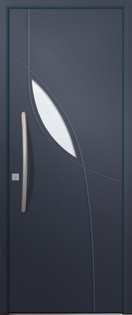 Porte d’entrée vitrée moderne TURQUIN 1 en aluminium poignée barre de tirage coloris RAL bleu canon Finitions mat gamme PASSAGE