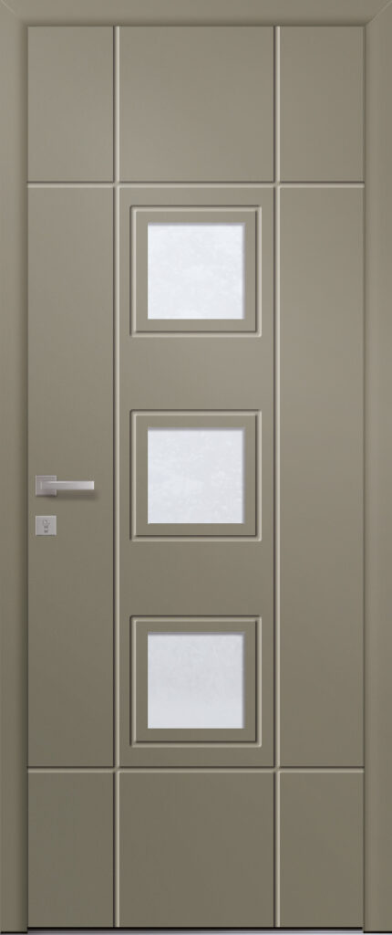 Porte d’entrée vitrée moderne en aluminium TURQUOISE 3 poignée Dallas coloris RAL 7034 Finitions mat gamme PASSAGE pièces décoratives en aluminium