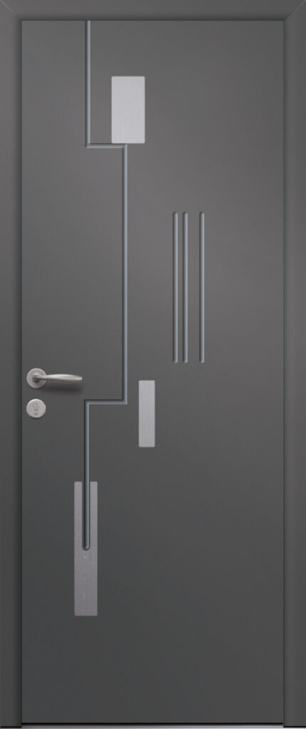 Porte d’entrée moderne TYPHON en aluminium poignée new york coloris RAL 7012 noir Finitions mat gamme PASSAGE pièces décoratives en aluminium