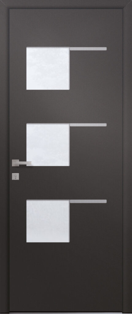 Porte d’entrée vitrée moderne VANILLE 3 en aluminium poignée DALLAS coloris RAL noir 2100 Finitions sablé gamme PASSAGE pièce décoratives en aluminium