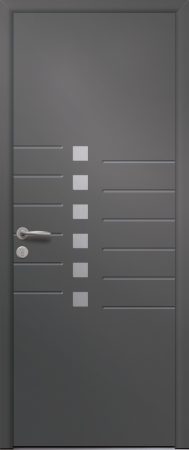 Porte d’entrée moderne en aluminium ABRICOT poignée New York coloris RAL 7012 Finitions mat gamme PASSAGE pièces décoratives en aluminium