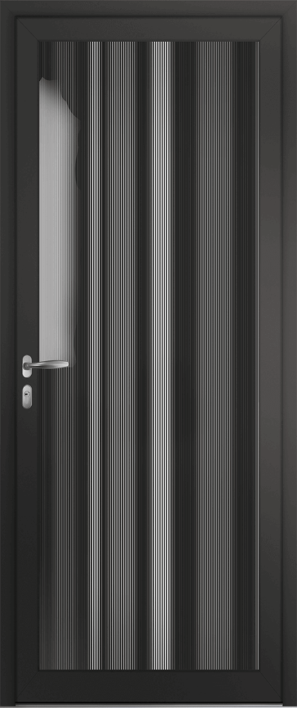 Porte d’entrée grand vitrage moderne MOIRE monochrome en aluminium poignée NEW YORK coloris RAL 7016 noir Finitions mat gamme PASSAGE