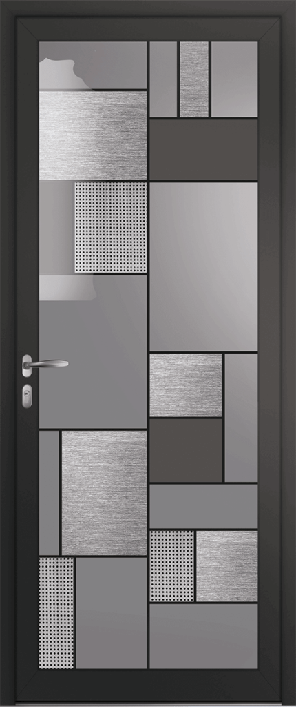 Porte d’entrée grand vitrage moderne PARTITION "matière grise" en aluminium poignée NEW YORK coloris RAL 7016 noir Finitions mat gamme PASSAGE