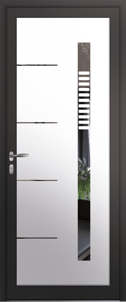 Porte d’entrée grand vitrage moderne YUKON en aluminium poignée NEW YORK coloris RAL 7016 noir Finitions mat gamme PASSAGE
