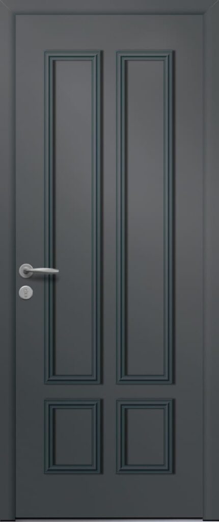 Porte d’entrée traditionnelle BELL en aluminium avec moulures rapportées poignée NEW YORK coloris RAL 7021 gris noir finitions MAT gamme PASSAGE