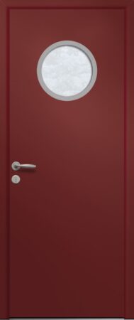 Porte d’entrée vitrée moderne vitrée MINAS 1 en aluminium poignée NEW YORK coloris RAL 3004 rouge pourpre finitions granité gamme PASSAGE