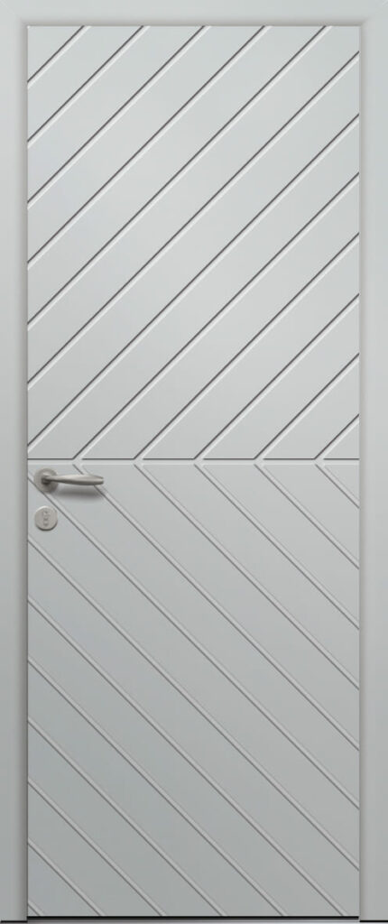 Porte d’entrée moderne SINOPLE en aluminium poignée NEW YORK coloris RAL 9006 aluminium blanc finitions granité gamme PASSAGE