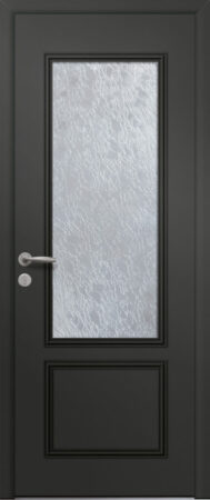 Porte d’entrée traditionnelle vitrée FRANKLIN en aluminium poignée NEW YORK coloris RAL 2100 noir finitions sablé gamme PASSAGE