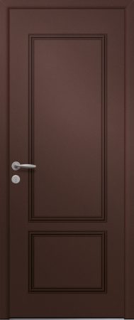 Porte d’entrée traditionnelle FRANKLIN en aluminium poignée NEW YORK coloris RAL 2525 mars finitions sablé gamme PASSAGE