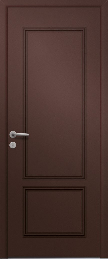 Porte d’entrée traditionnelle FRANKLIN en aluminium poignée NEW YORK coloris RAL 2525 mars finitions sablé gamme PASSAGE