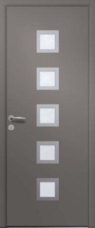 Porte d'entrée vitrée moderne en aluminium LIMA 5 poignée NEW-YORK pièces alunox coloris RAL 7012 gris basalte finition mat PASSAGE