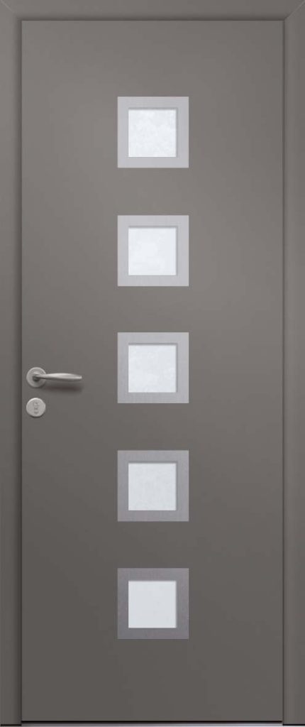 Porte d'entrée vitrée moderne en aluminium LIMA 5 poignée NEW-YORK pièces alunox coloris RAL 7012 gris basalte finition mat PASSAGE