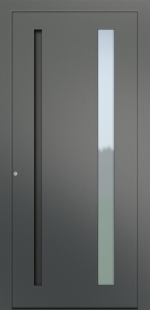 Porte d’entrée vitrée moderne MIRAGE ASV1 en aluminium poignée intégrée coloris RAL 2400 gris finitions sablé gamme CARPE DIEM