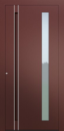 Porte d’entrée vitrée moderne MIRAGE ASV2 en aluminium poignée intégrée et jonc alunox coloris RAL 2100 rouge finitions sablé gamme CARPE DIEM