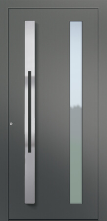 Porte d’entrée vitrée moderne SONGE ASV1 en aluminium poignée barre de tirage verticale galbée en inox coloris RAL 7023 gamme CARPE DIEM
