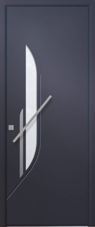 Porte d’entrée vitrée moderne ALEZAN 1 en aluminium poignée bâton de tirage design en inox brossé et joncs alunox coloris RAL 2525 bleu canon finitions sablé gamme PASSAGE