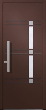 Porte d’entrée vitrée moderne CELESTE 2 en aluminium poignée bâton de tirage verticale en inox brossé et joncs alunox coloris RAL 2525 mars finitions sablé gamme PASSAGE