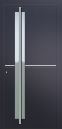 Porte d’entrée vitrée moderne UTOPIE AS-V1 en aluminium poignée barre de tirage verticale et joncs alunox coloris RAL 2700 bleu Finitions sablé gamme CARPE DIEM