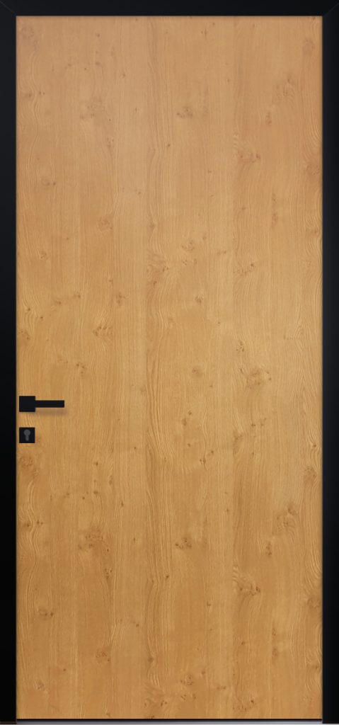 Porte d’entrée moderne CEDAR en aluminium plaxé bois poignée DALLAS coloris RAL noir Finitions mat gamme PASSAGE