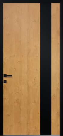 Porte d’entrée moderne TECK en aluminium plaxé bois chêne irlandais poignée DALLAS pièce décorative aluminium coloris RAL 9005 noir Finitions mat gamme PASSAGE
