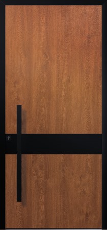 Porte d’entrée moderne MERANTI en aluminium plaxé bois Noyer poignée bâton de tirage pièce décorative coloris RAL noir Finitions mat gamme PASSAGE