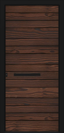 Porte d’entrée moderne DRYADE bruni en aluminium et bois Accoya poignée barre de tirage horizontale noire 400mm dormant coloris RAL 9005 noir Finitions mat gamme CARPE DIEM