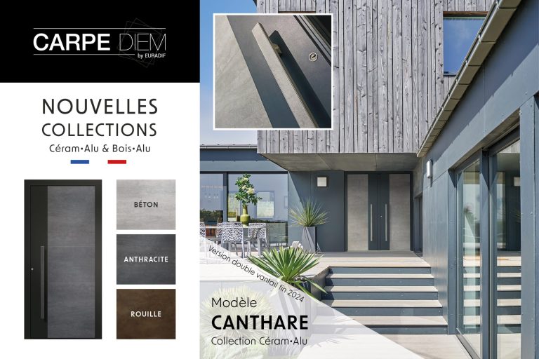 article porte d'entrée moderne CANTHARE en aluminium poignée barre de tirage inox incrustée de céramique BETON, ANTHRACITE ou ROUILLE coloris RAL 7016 gris finitions mat gamme CARPE DIEM