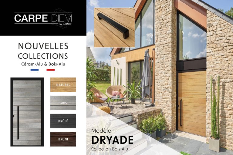 Porte d’entrée moderne DRYADE Naturel en aluminium et bois Accoya poignée de tirage verticale noire 1000mm dormant coloris RAL 9005 noir Finitions mat gamme CARPE DIEM