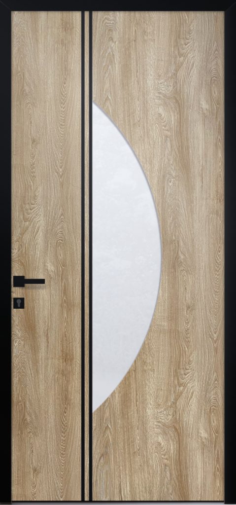 Porte d’entrée vitrée moderne HANDY 1 en aluminium plaxé bois Turner Oak poignée DALLAS joncs alunox coloris RAL noir Finitions mat gamme PASSAGE