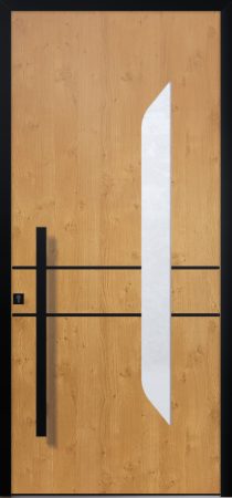 Porte d’entrée vitrée moderne MISTY 1 en aluminium plaxé bois poignée bâton de tirage joncs alunox coloris RAL noir Finitions mat gamme PASSAGE