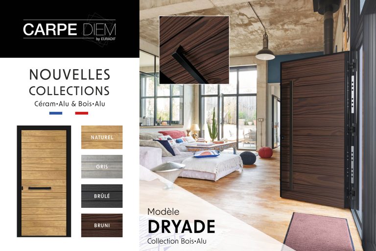 Article Porte d’entrée moderne DRYADE Bruni en aluminium et bois Accoya poignée barre de tirage verticale noire 1600mm dormant coloris RAL 9005 noir Finitions mat gamme CARPE DIEM