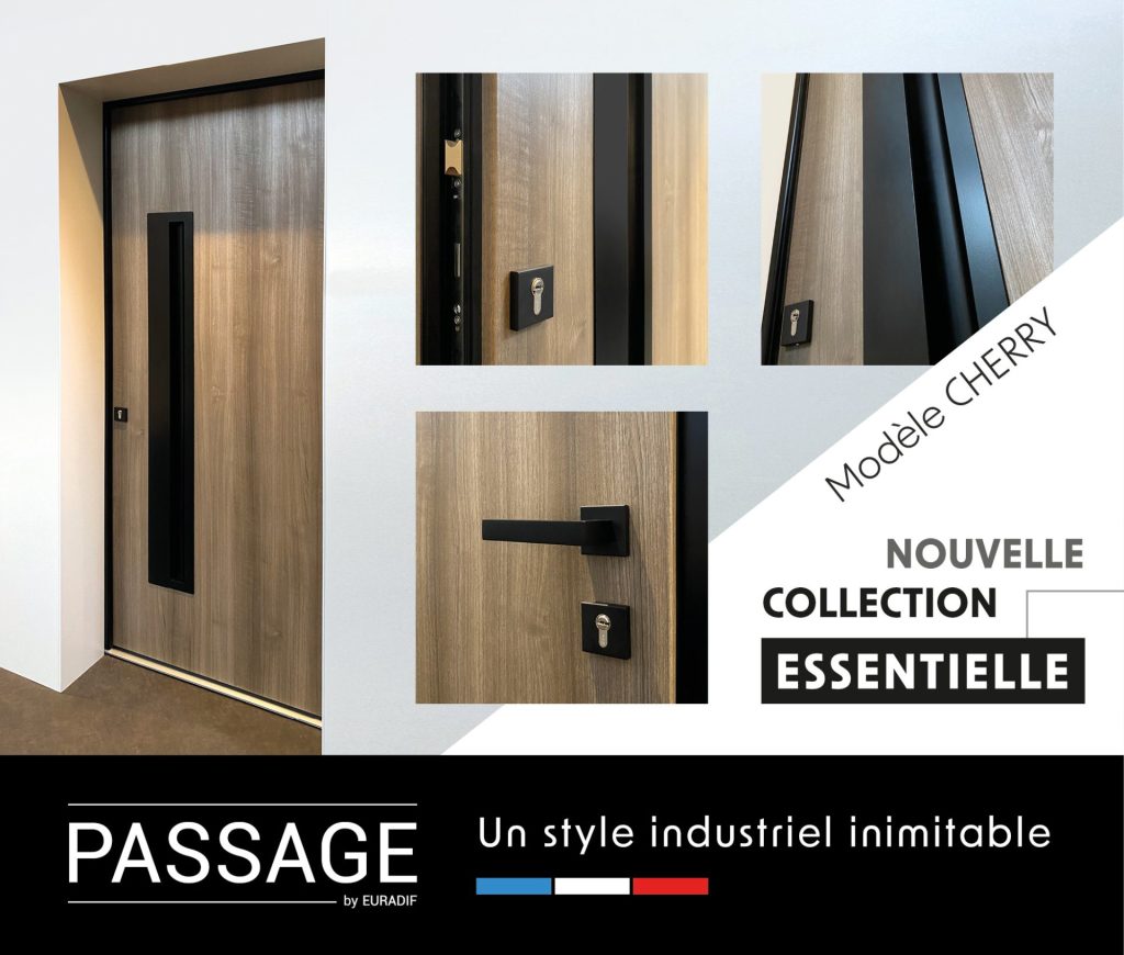 Article collection ESSENTILLE nouveau modèle de porte d'entrée moderne CHERRY en aluminium plaxé bois poignée intégrée coloris RAL noir Finitions mat gamme PASSAGE.