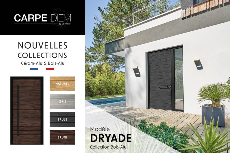 Porte d’entrée moderne DRYADE Brûlé en aluminium et bois Accoya poignée barre de tirage verticale noire 1600mm dormant coloris RAL 9005 noir Finitions mat gamme CARPE DIEM