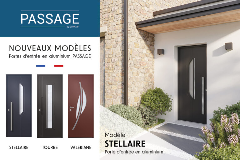 Portes d'entrée vitrées modernes STELLAIRE, TOURBE et VALERIANE en aluminium gamme PASSAGE
