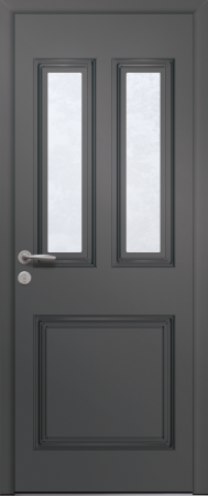 Porte d’entrée traditionnelle en aluminium vitrée PERSEE 2L en aluminium poignée NEW YORK RAL 7012 gris basalte finitions sablé gamme PASSAGE