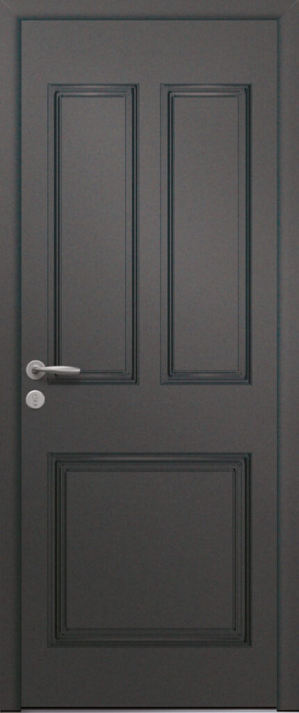Porte d’entrée traditionnelle en aluminium PERSEE poignée NEW YORK RAL 2900 gris finitions sablé gamme PASSAGE