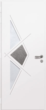 Porte d'entrée vitrée en aluminium NARCISSE 2 intérieur laqué blanc poignée NEW YORK et pièce décorative affleurante en pierre naturelle